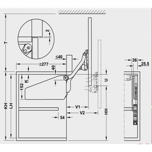 Bộ tay nâng FREE UP Hafele 493.05.800 nắp xám 5 Kích thước bộ tay nâng FREE UP Hafele 493.05.800 nắp xám