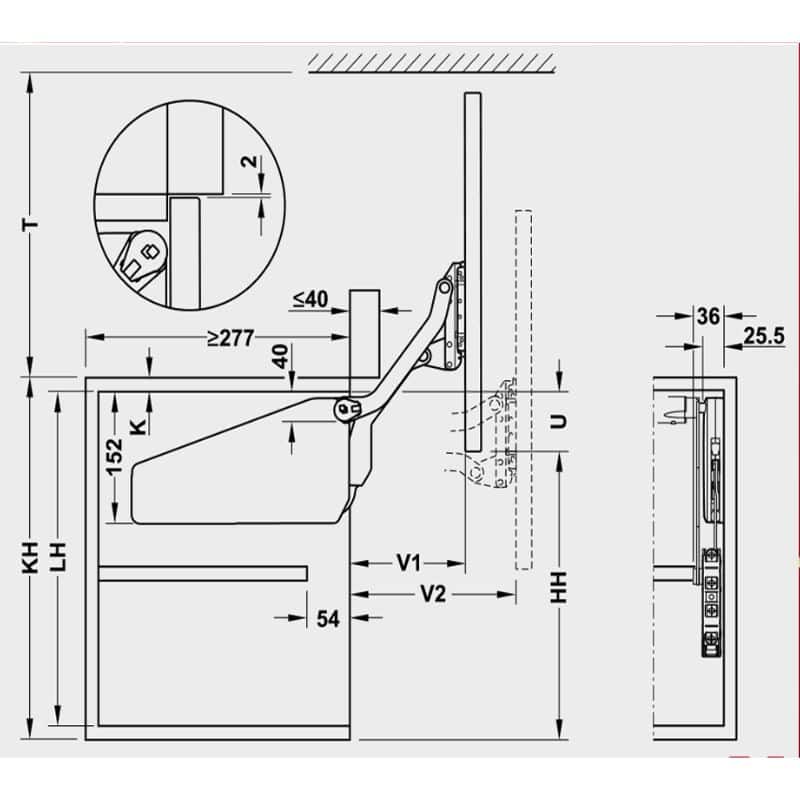 Kích thước bộ tay nâng FREE UP Hafele 493.05.800 nắp xám Kích thước bộ tay nâng FREE UP Hafele 493.05.800 nắp xám