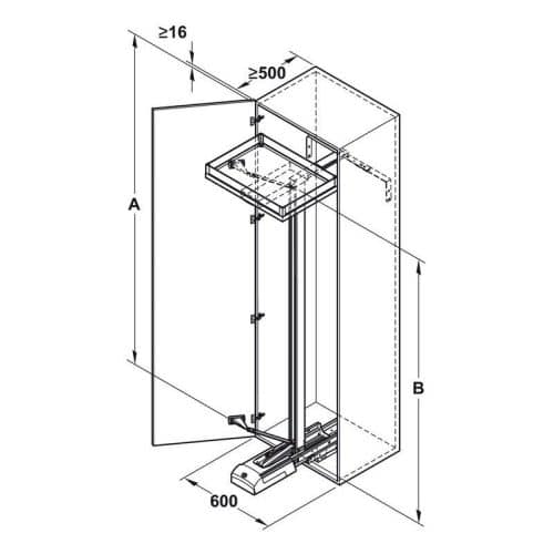 Kích thước phụ kiện tủ bếp Hafele 549.72.066 bộ CONVOY PREMIO 600/1500-1600mm, phải