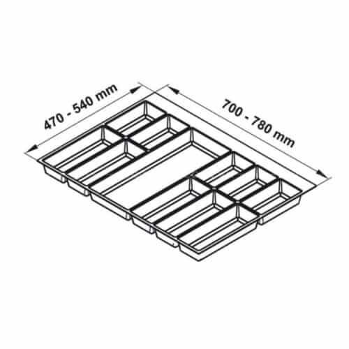Khay chia đa năng đựng dao kéo thìa nĩa Hafele 556.52.748 3 Kích thước khay chia đa năng đựng dao kéo thìa nĩa Hafele 556.52.748