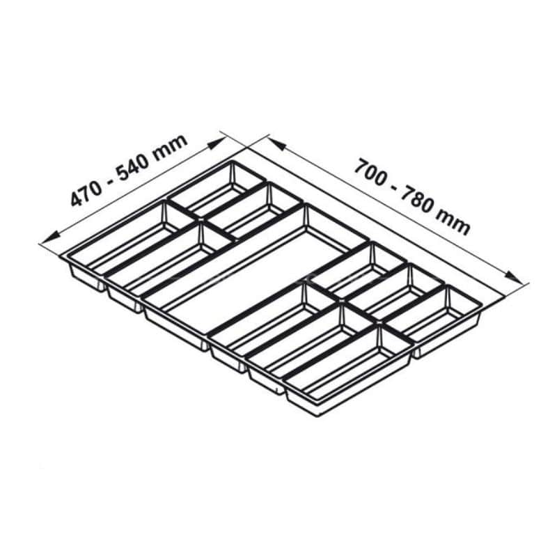 Kích thước khay chia đa năng đựng dao kéo thìa nĩa Hafele 556.52.748 Kích thước khay chia đa năng đựng dao kéo thìa nĩa Hafele 556.52.748