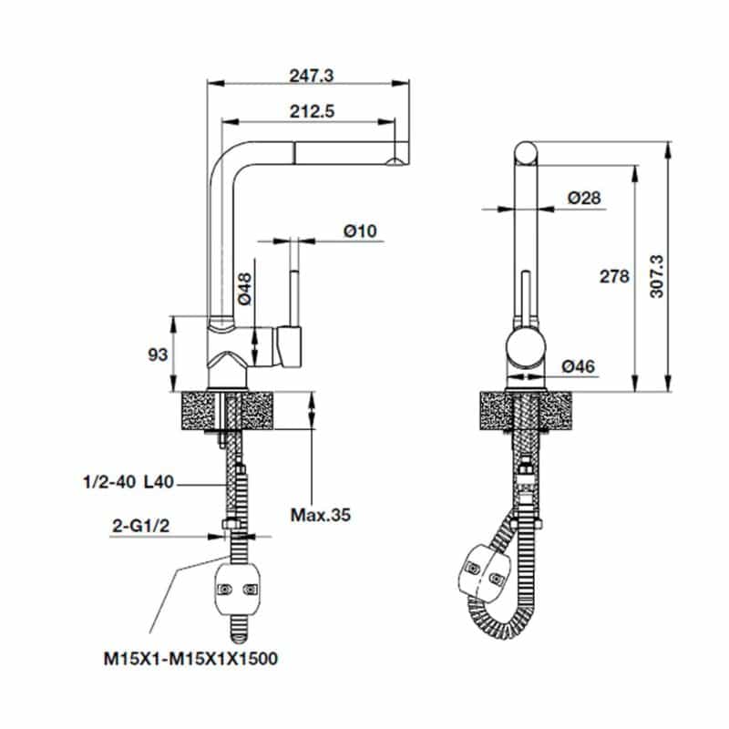 Kích thước Vòi rửa bát đá Hafele HT19-GH1P278 570.51.580 Vòi rửa bát đá Hafele HT19-GH1P278 570.51.580