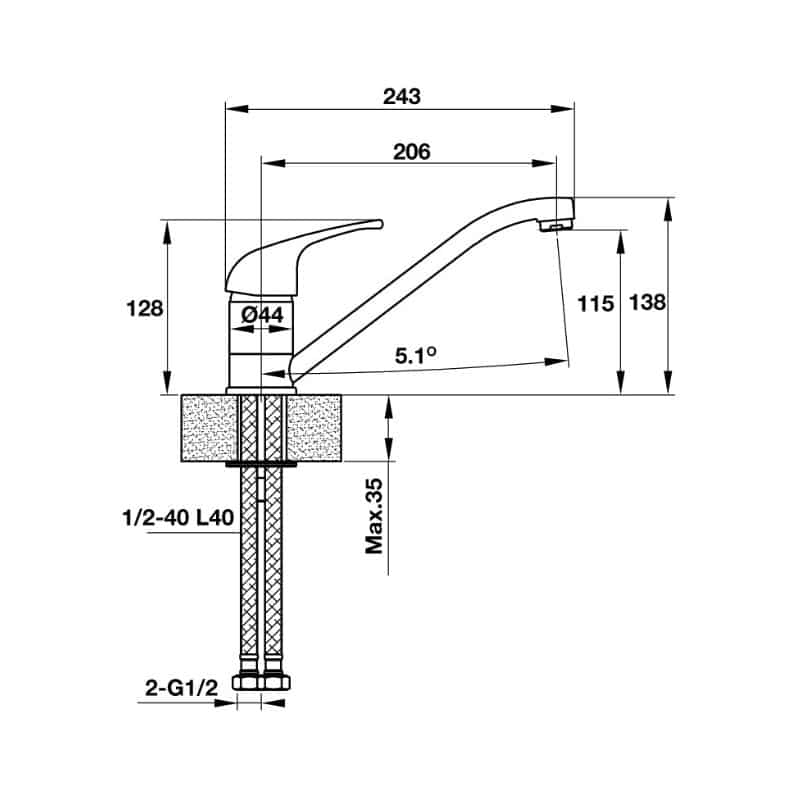 Kích thước Vòi rửa bát Hafele Cromus 570.50.270 Vòi rửa bát Hafele Cromus 570.50.270