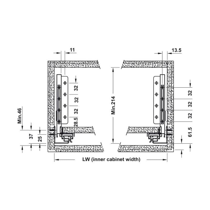 Kích thước ray hộp Alto-S chiều cao 170mm với thanh vuông Hafele 552.55.322 Kích thước ray hộp Alto-S chiều cao 170mm với thanh vuông Hafele 552.55.322