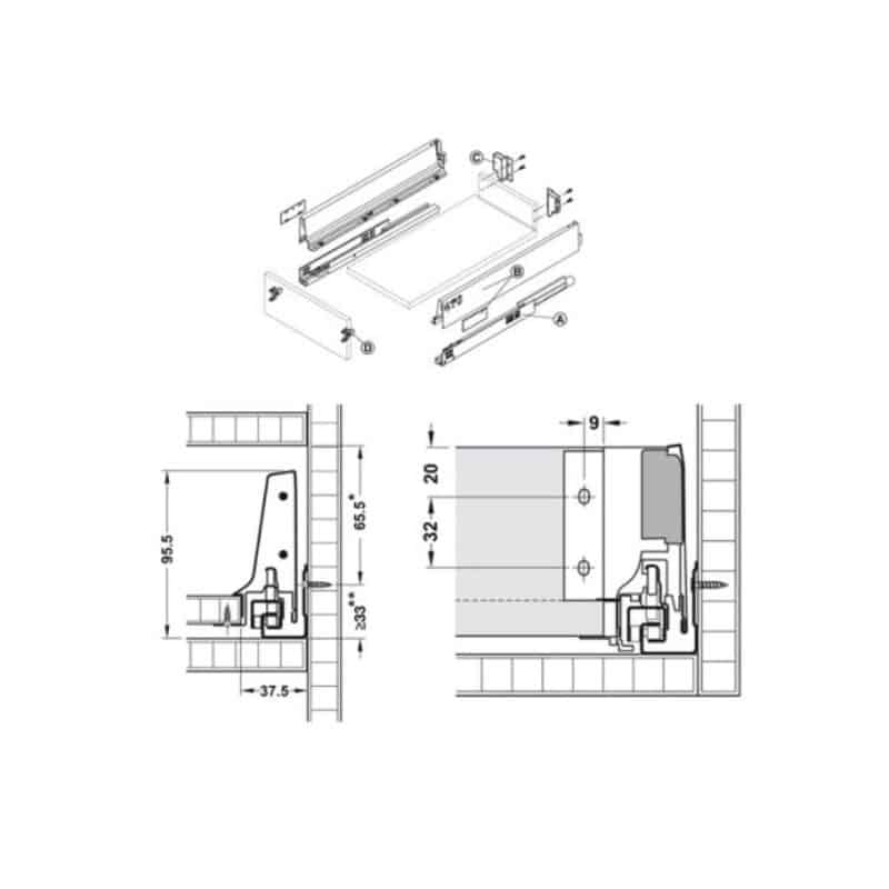 Kích thước Ray hộp Hafele TANDEMBOX Intivo X1 Hafele 553.84.335 giảm chấn màu đen Kích thước Ray hộp Hafele TANDEMBOX Intivo X1 Hafele 553.84.335 giảm chấn màu đen