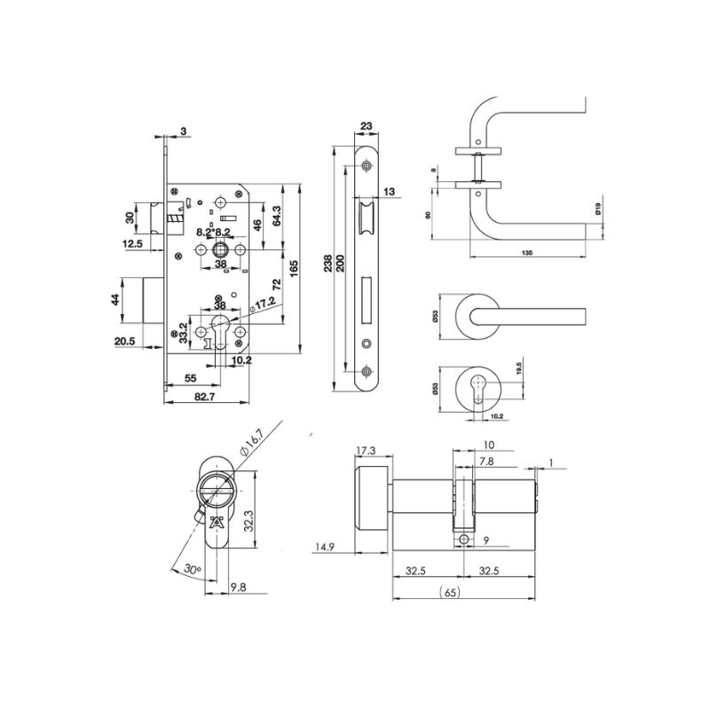 Kích thước bộ tay nắm gạt nắp chụp tròn 19x135x60mm Häfele DIY 499.62.505 Kích thước bộ tay nắm gạt Häfele DIY 499.62.505