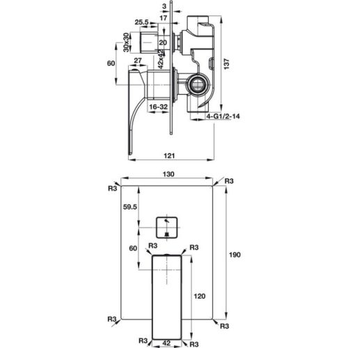 Bộ trộn âm 2 đường nước Regal Hafele 495.61.127 3 Kích thước bộ trộn âm 2 đường nước Regal Hafele 495.61.127
