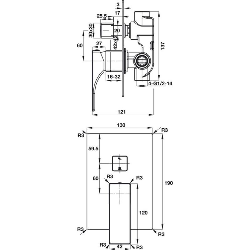 Kích thước bộ trộn âm 2 đường nước Regal Hafele 495.61.127 Kích thước bộ trộn âm 2 đường nước Regal Hafele 495.61.127
