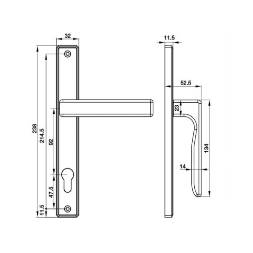 Kích thước tay nắm gạt cửa nhôm 92mm HL949KD-92 Hafele 905.99.315