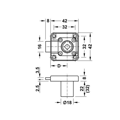 Vỏ khóa vuông chốt chết 32mm Hafele 232.26.681 3 Kích thước vỏ khóa vuông chốt chết 32mm Hafele 232.26.681