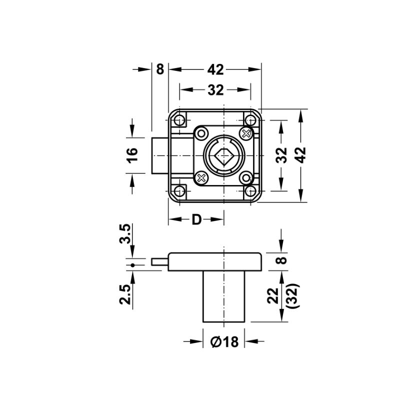 Kích thước vỏ khóa vuông chốt chết 32mm Hafele 232.26.681 Kích thước vỏ khóa vuông chốt chết 32mm Hafele 232.26.681