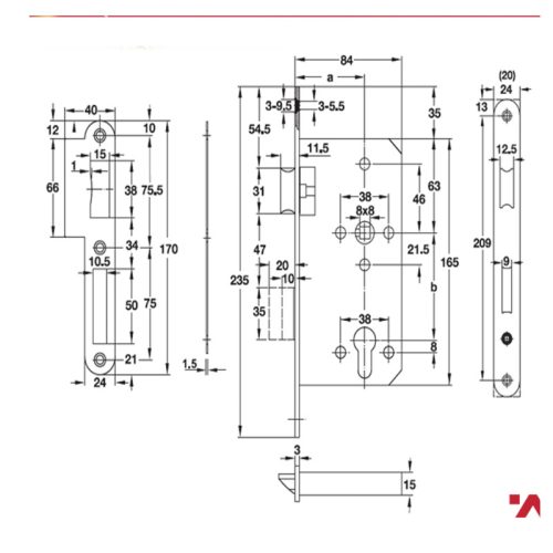 Kích thước thân Khóa Lưỡi Gà & Chốt Chết E55/72A Hafele 911.02.153