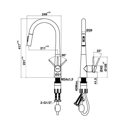 Kích thước Vòi rửa bát nóng lạnh Hafele HT24-SH1P417-TITAN 570.85.441 có dây rút Kích thước Vòi rửa bát nóng lạnh Hafele HT24-SH1P417-TITAN 570.85.441 có dây rút
