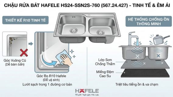 Chậu rửa bát Hafele 567.24.427 inox 2 hố 10 Thiết kế R10 tinh tế và Hệ thống chống ồn thông minh