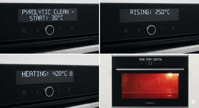 nhiệt độ bắt đầu tăng dần và đạt đỉnh khoảng 500°C Pyrolytic Cleaning