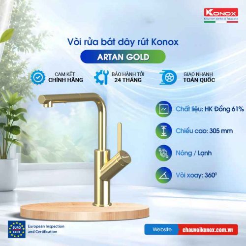 Vòi rửa bát dây rút Konox Artan Gold