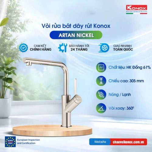 Vòi rửa bát dây rút Konox Artan Nickel