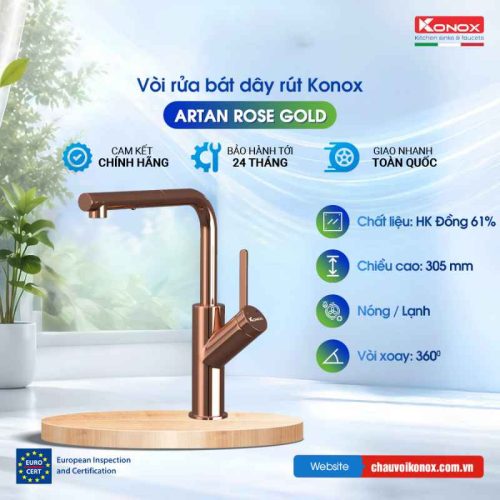Vòi rửa bát dây rút Konox Artan rose gold