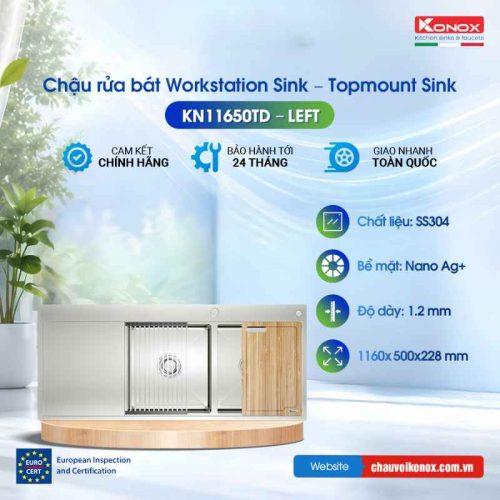 Chậu rửa bát Konox Workstation Sink – Topmount Sink KN11650TD – Bàn trái
