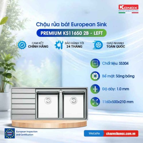 Chậu rửa bát Konox European sink Premium KS11650 2B – Bàn trái