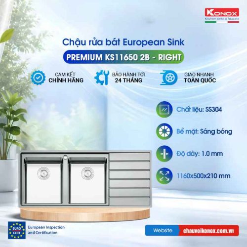 Chậu rửa bát Konox European sink Premium KS11650 2B – Bàn phải