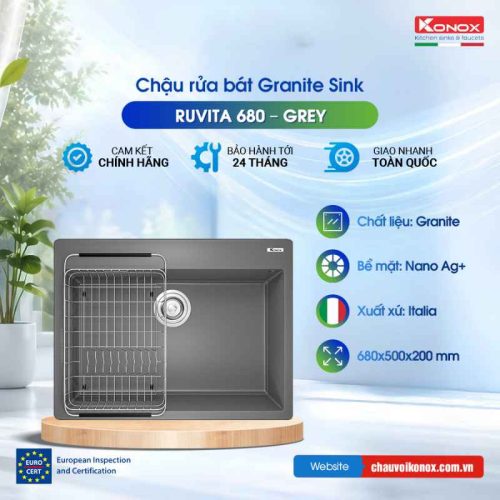 Chậu rửa bát Konox Granite Sink Ruvita 680 – Grey