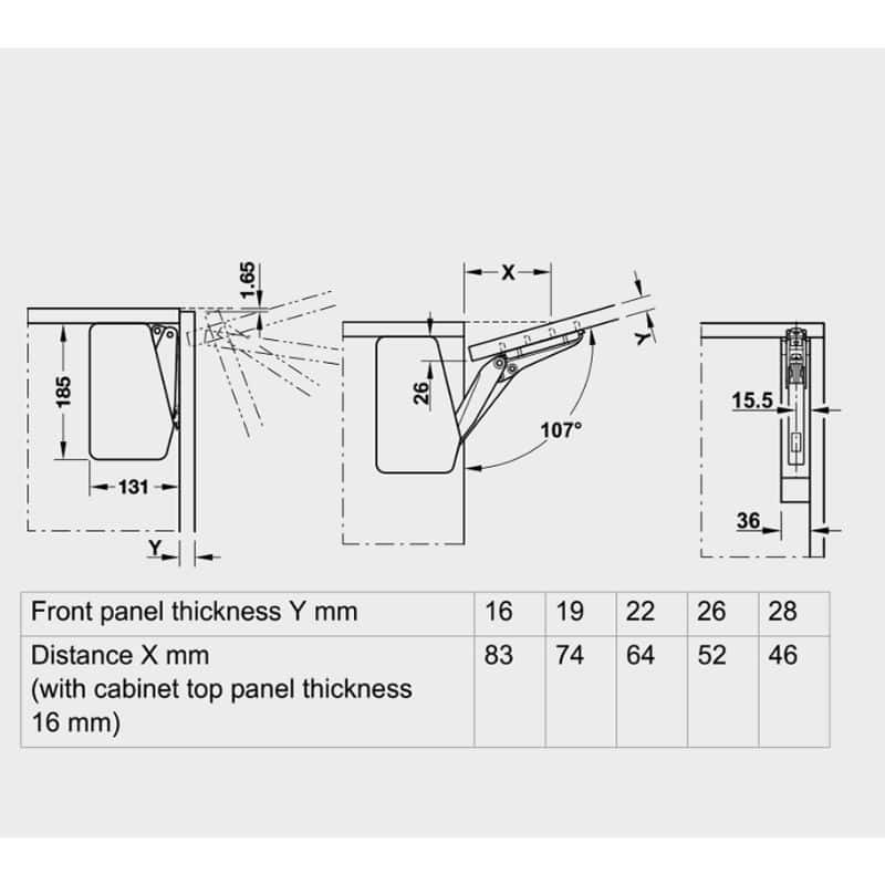 Kích thước bộ tay nâng FREE FLAP 3.15 Hafele 493.05.850 nắp trắng Kích thước bộ tay nâng FREE FLAP 3.15 Hafele 493.05.850 nắp trắng