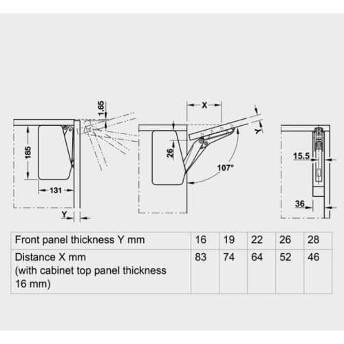 Bộ tay nâng FREE FLAP 3.15 Hafele 493.05.851 nắp trắng 9 Kích thước bộ tay nâng FREE FLAP 3.15 Hafele 493.05.851 nắp trắng
