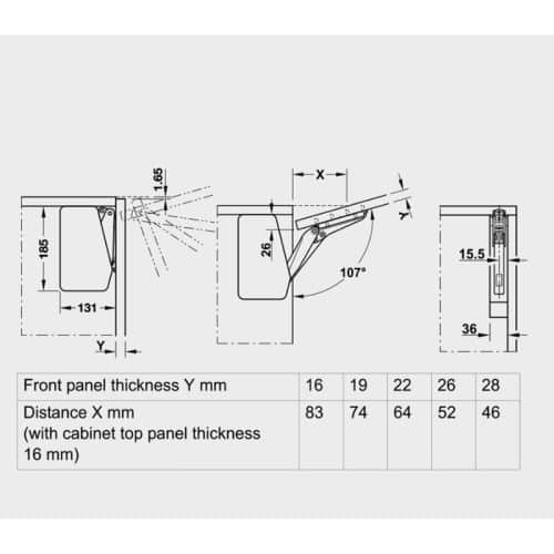 Bộ tay nâng FREE FLAP 3.15 Hafele 493.05.863 nắp xám 5 Kích thước bộ tay nâng FREE FLAP 3.15 Hafele 493.05.863 nắp xám