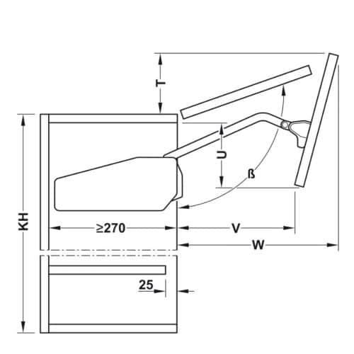Bộ tay nâng FREE FOLD SHORT Hafele 493.05.737, xám 6 Kích thước bộ tay nâng FREE FOLD SHORT Hafele 493.05.737, xám