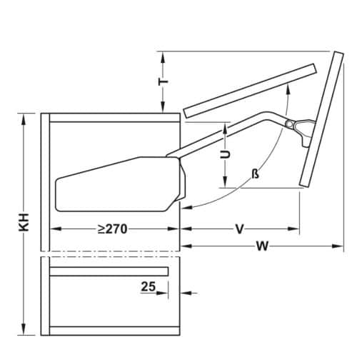 Bộ tay nâng FREE FOLD SHORT Hafele 493.05.900, trắng 6 Kích thước bộ tay nâng FREE FOLD SHORT Hafele 493.05.900, trắng