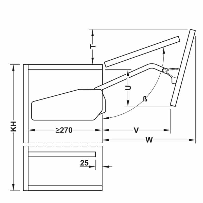 Kích thước bộ tay nâng FREE FOLD SHORT Hafele 493.05.900, trắng Kích thước bộ tay nâng FREE FOLD SHORT Hafele 493.05.900, trắng