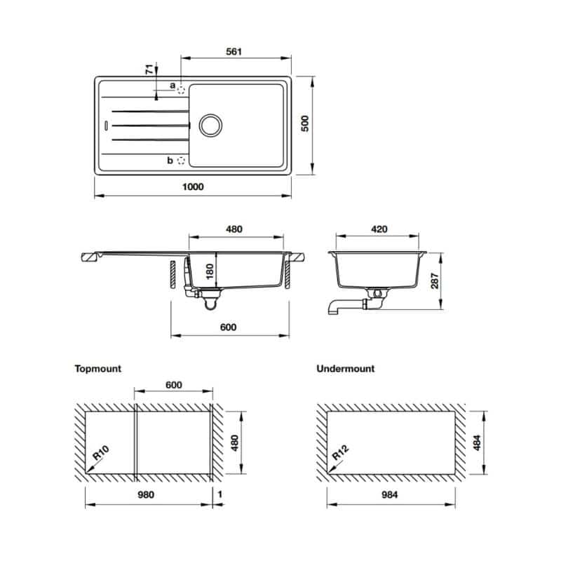 Kích thước Chậu rửa bát đá Hafele Antonius HS-GSD10050 570.32.830 Chậu rửa bát đá Hafele Antonius HS-GSD10050 570.32.830