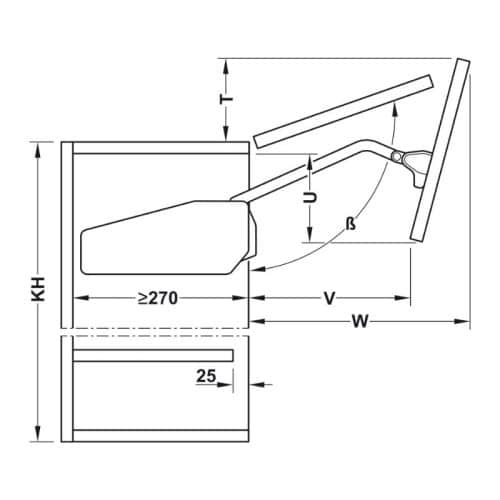 Kích thước bộ tay nâng FREE FOLD SHORT Hafele 493.05.897, trắng