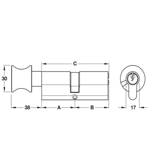 Kích thước ruột khóa 1 đầu chìa, 1 đầu vặn Hafele 916.96.313, 65mm Đồng thau