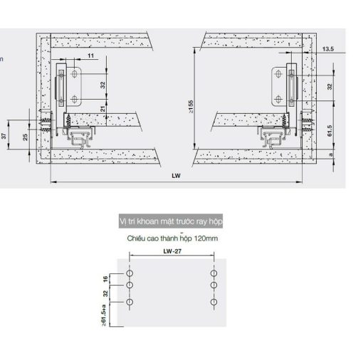 Ray hộp Hafele 552.35.345 Alto-S H120 mm màu xám đậm 5 Lắp đặt ray hộp Hafele 552.35.345 Alto-S H120 mm màu xám đậm
