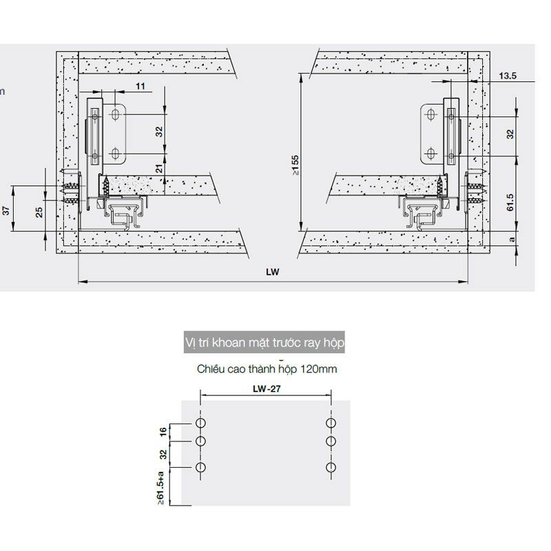 Lắp đặt ray hộp Hafele 552.35.345 Alto-S H120 mm màu xám đậm Lắp đặt ray hộp Hafele 552.35.345 Alto-S H120 mm màu xám đậm