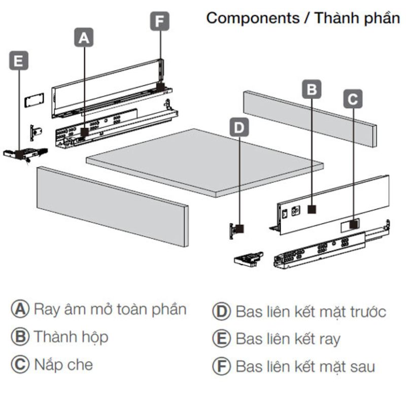 Thành phần ray hộp Hafele 552.55.316 Alto-S H80 mm màu xám đậm Thành phần ray hộp Hafele 552.55.316 Alto-S H80 mm màu xám đậm