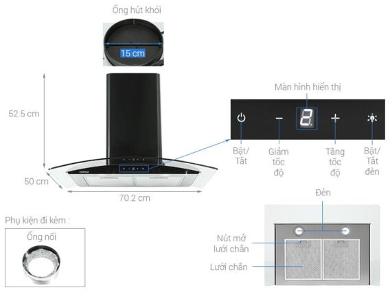 Máy hút mùi gắn tường Hafele HH-WT70A 533.86.807 9 Bảng điều khiển của Máy hút mùi gắn tường Hafele HH-WT70A