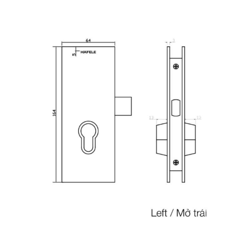 Kích thước khóa cửa kính thân khóa mở xoay mở trái Hafele 981.59.080 Kích thước khóa cửa kính thân khóa mở xoay mở trái Hafele 981.59.080