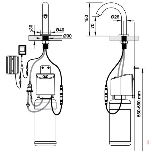 Vòi xịt xà bông cảm ứng đặt bàn H70 Hafele 589.64.030 4 Kích thước vòi xịt xà bông cảm ứng đặt bàn H70 Hafele 589.64.030