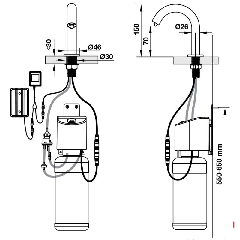 Kích thước vòi xịt xà bông cảm ứng đặt bàn H70 Hafele 589.64.030 Kích thước vòi xịt xà bông cảm ứng đặt bàn H70 Hafele 589.64.030