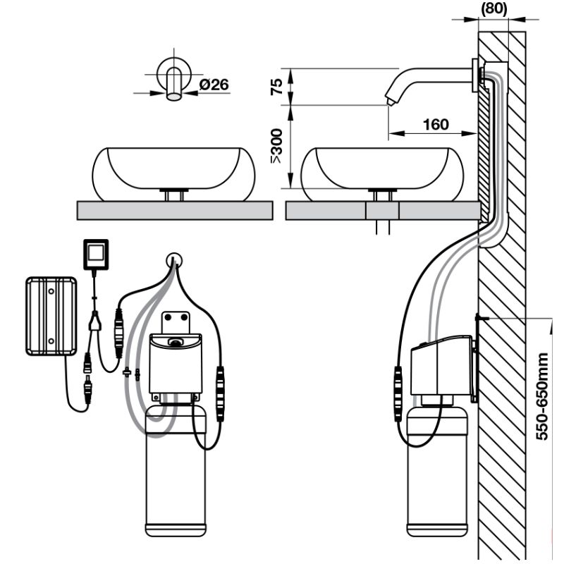 Kích thước vòi xịt xà bông cảm ứng gắn tường L185 Hafele 589.64.031 Kích thước vòi xịt xà bông cảm ứng gắn tường L185 Hafele 589.64.031
