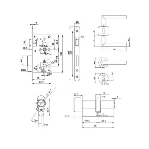Kích Thước Bộ Khóa Cửa Tay Nắm Chụp DIY Hafele 499.62.504