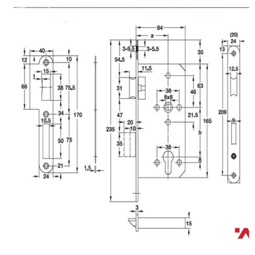 Kích Thước Thân Khóa Lưỡi Gà & Chốt Chết E55/72A Hafele 911.02.153