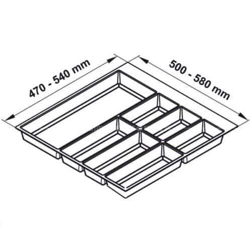 Khay chia đa năng đựng dao kéo thìa nĩa Hafele 556.52.746 3 Kích thức khay chia đa năng đựng dao kéo thìa nĩa Hafele 556.52.746