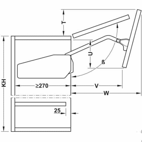 Bộ tay nâng FREE FOLD SHORT Hafele 493.05.736, xám 6 Kích thước bộ tay nâng FREE FOLD SHORT Hafele 493.05.736, xám