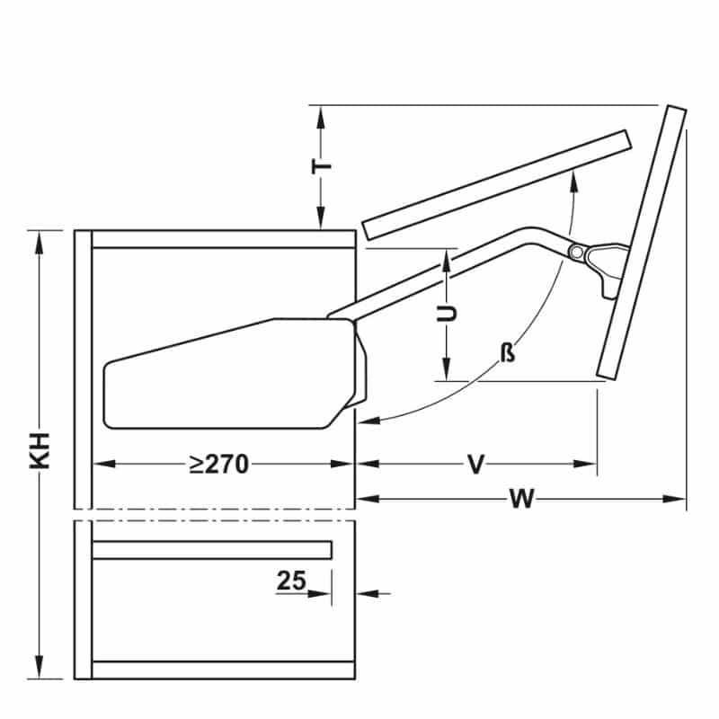 Kích thước bộ tay nâng FREE FOLD SHORT Hafele 493.05.739, xám Kích thước bộ tay nâng FREE FOLD SHORT Hafele 493.05.739, xám