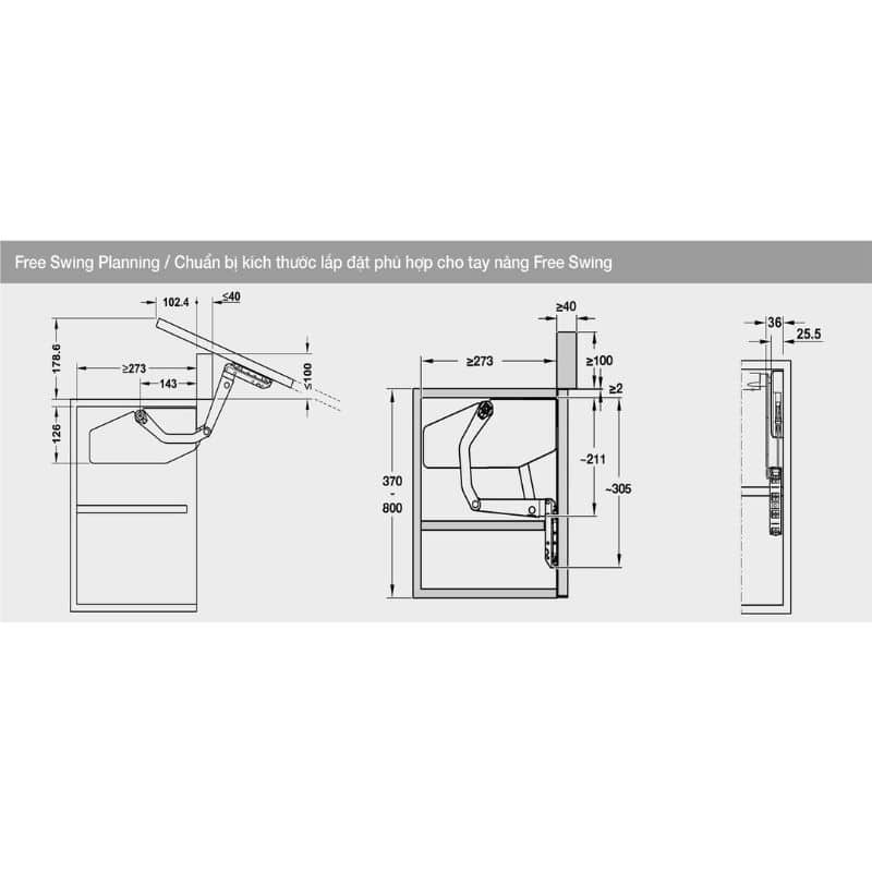 Kích thước bộ tay nâng FREE SWING Hafele 493.05.772, đen Kích thước bộ tay nâng FREE SWING Hafele 493.05.772, đen