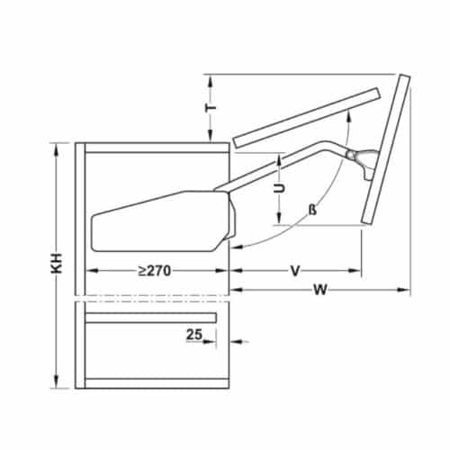 Bộ tay nâng FREE FOLD SHORT Hafele 493.05.892, trắng 4 Kích thước bộ tay nâng Hafele 493.05.892